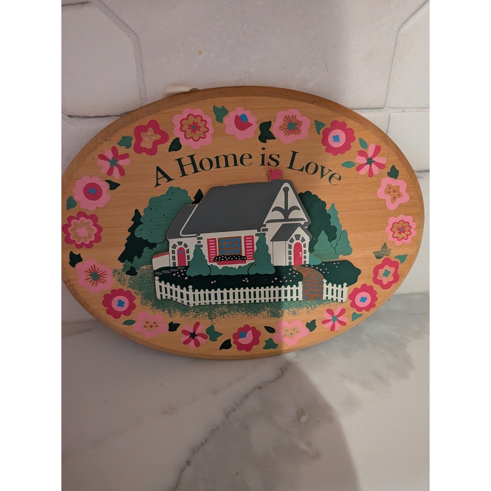 Vintage A Home is Love Wooden Wall Plaque Cottage Floral Oval Decor 8.5x6.5